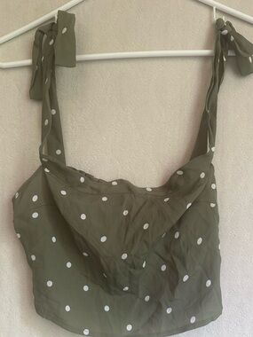 Reformation Green White Polka Dot Smocked Crop Top Sz 4 Tie Straps Cami